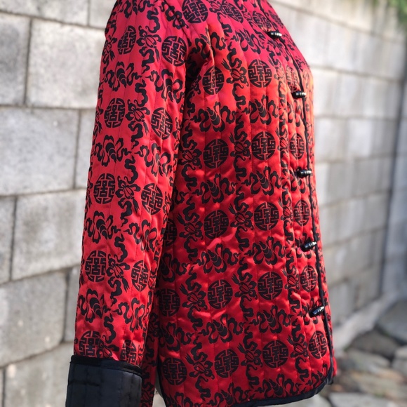 Vintage Womens Red Black Quilted Asian Jacket